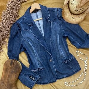 Denim One Button Blazer, Pockets and Stretch